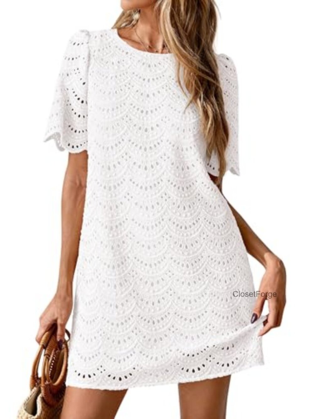Women's Eyelet Lace Short Sleeve Shift Dress Summer Cotton